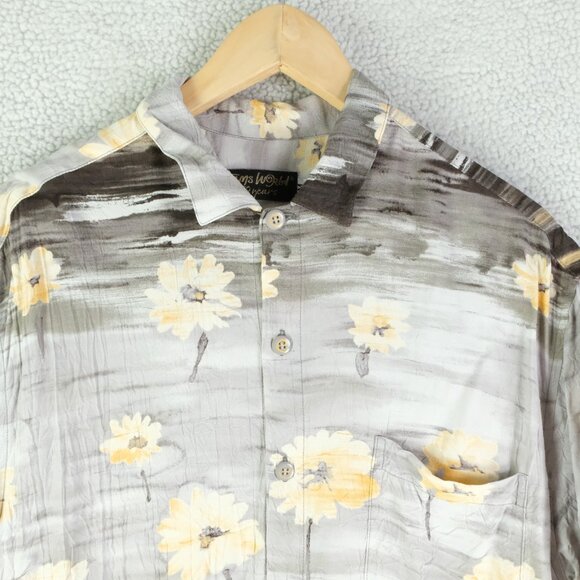 Jams World Shirt Mens Medium Gray Yellow Coal Flower Hawaiian Rayon Made Hawaii - Picture 2 of 10